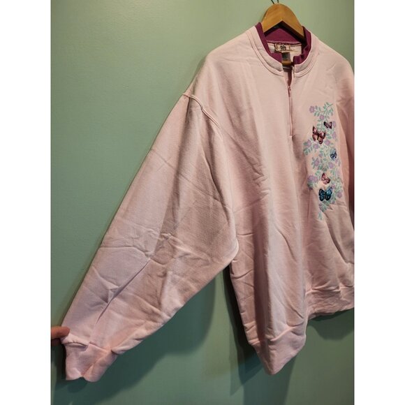 Vtg Top Stitch By Morning Sun Pink 1/4 Zip Embroidered Butterfly Sweatshirt 1X - Picture 4 of 9